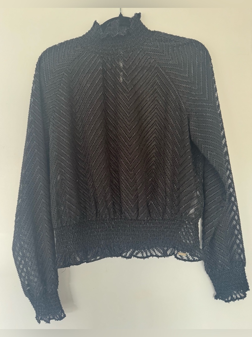 Armani Exchange Black Sheer Chevron Mock Neck Blouse Size Medium NWOT